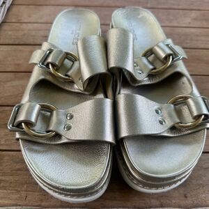 J/SLIDES Baha Gold Metallic Leather 2 buckle Sandals 9.5